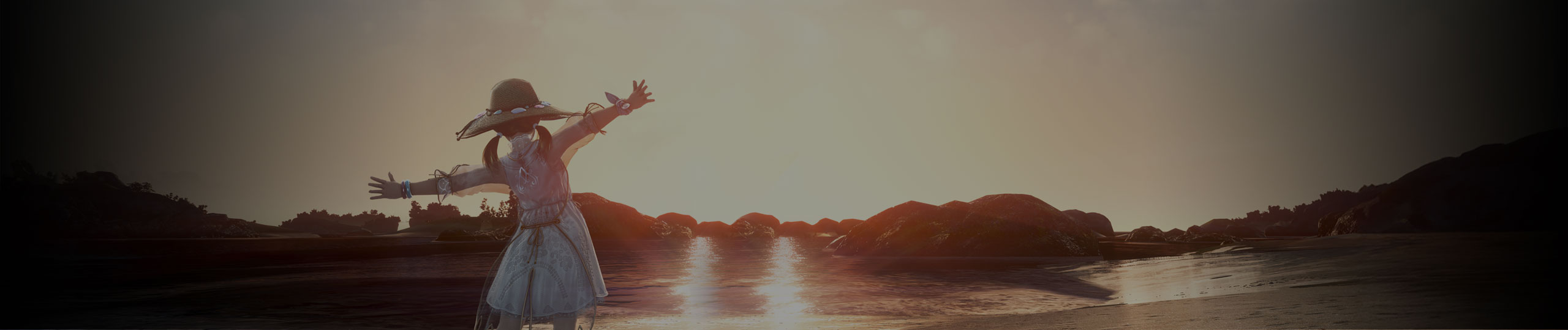 A character standing on the beach with arms wide open