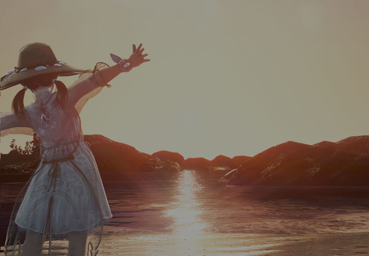 A character standing on the beach with arms wide open